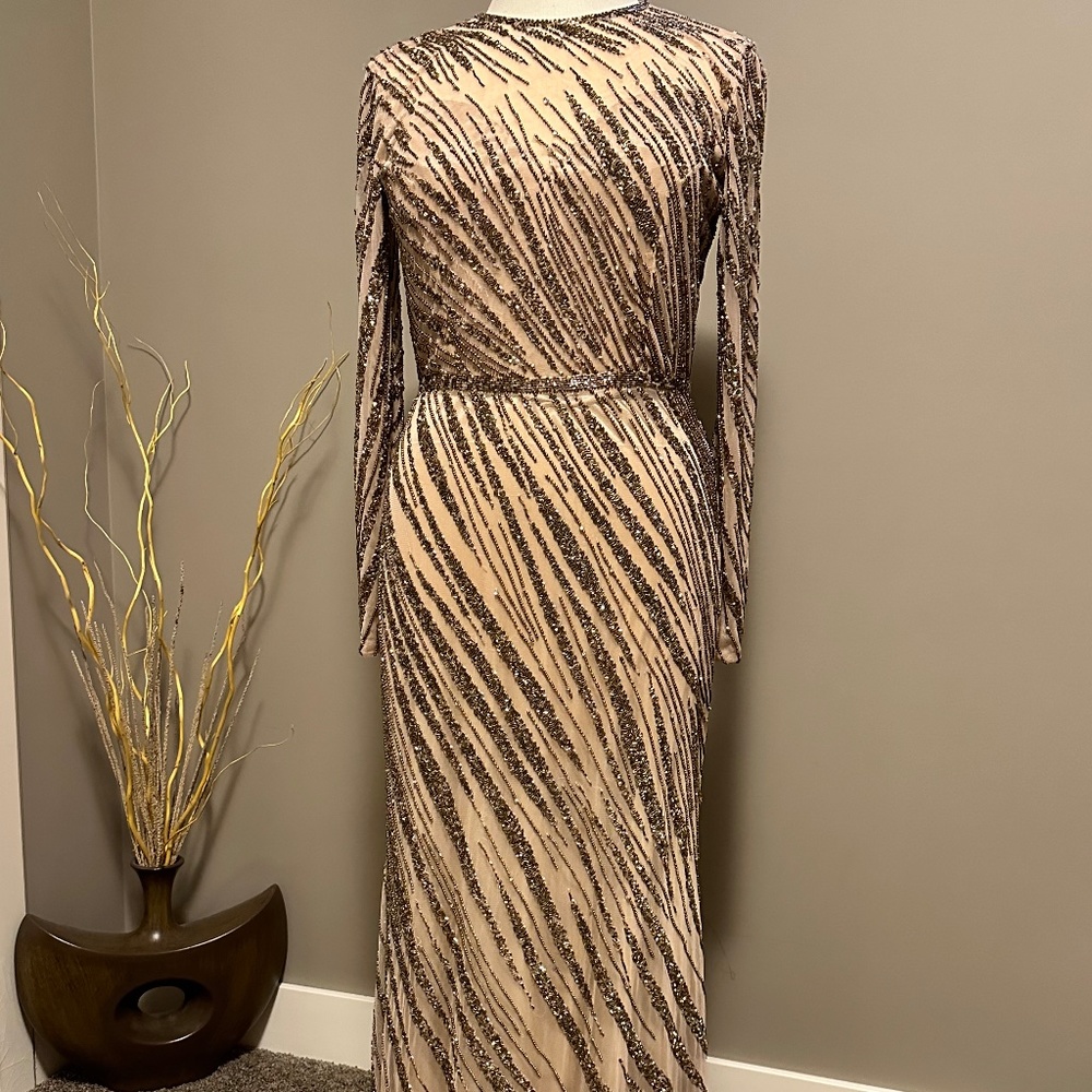 Mac Duggal Long Sleeve Beaded Column Gown